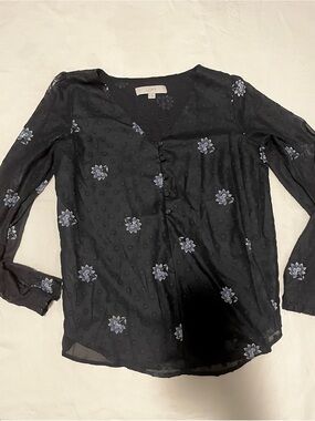 LOFT Black Floral V-Neck Blouse with Covered Buttons